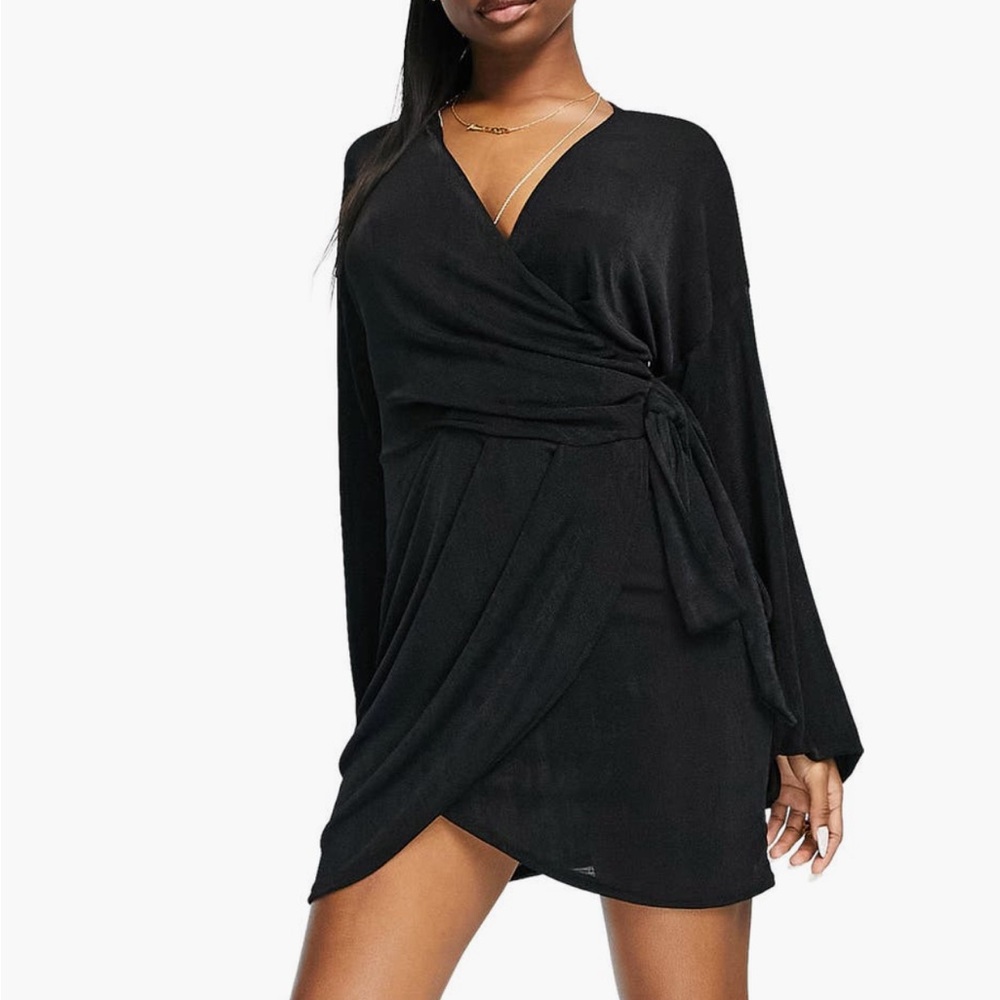 ASOS DESIGN
Long Sleeve Wrap Minidress Black  Dress US 4